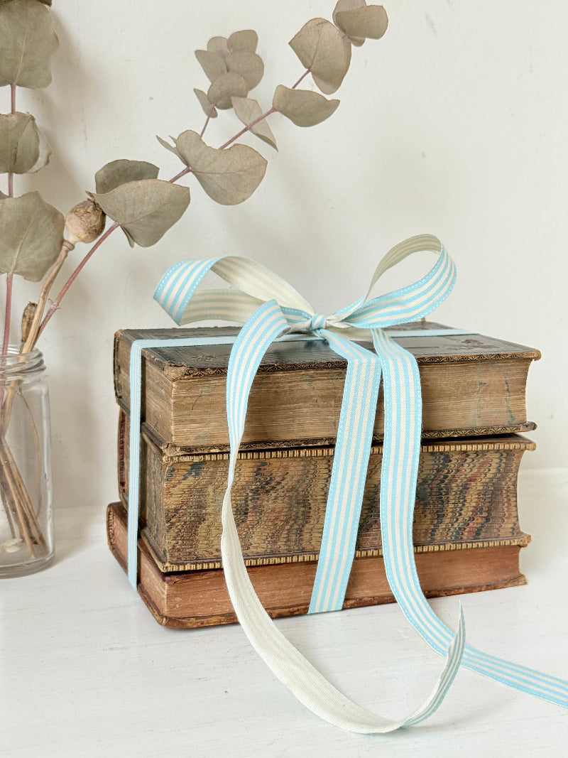 Antique leather bound decorative book bundle tied with pale blue ribbon, photographed on a white surface