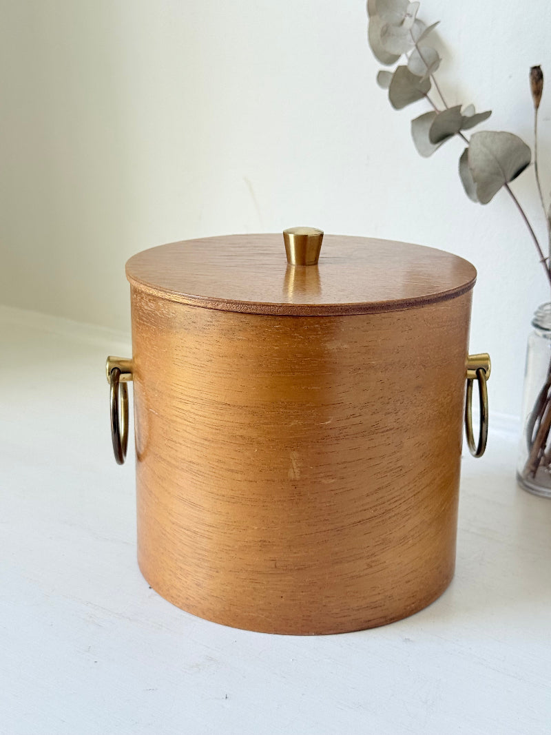 Mid century bent plywood icebox with brass handle and matching wooden tongs, styled on a white surface with dried foliage.