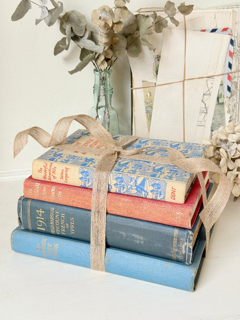 Stack of cloth bound vintage books in blue red and tan tied with jute ribbon styled with dried eucalyptus