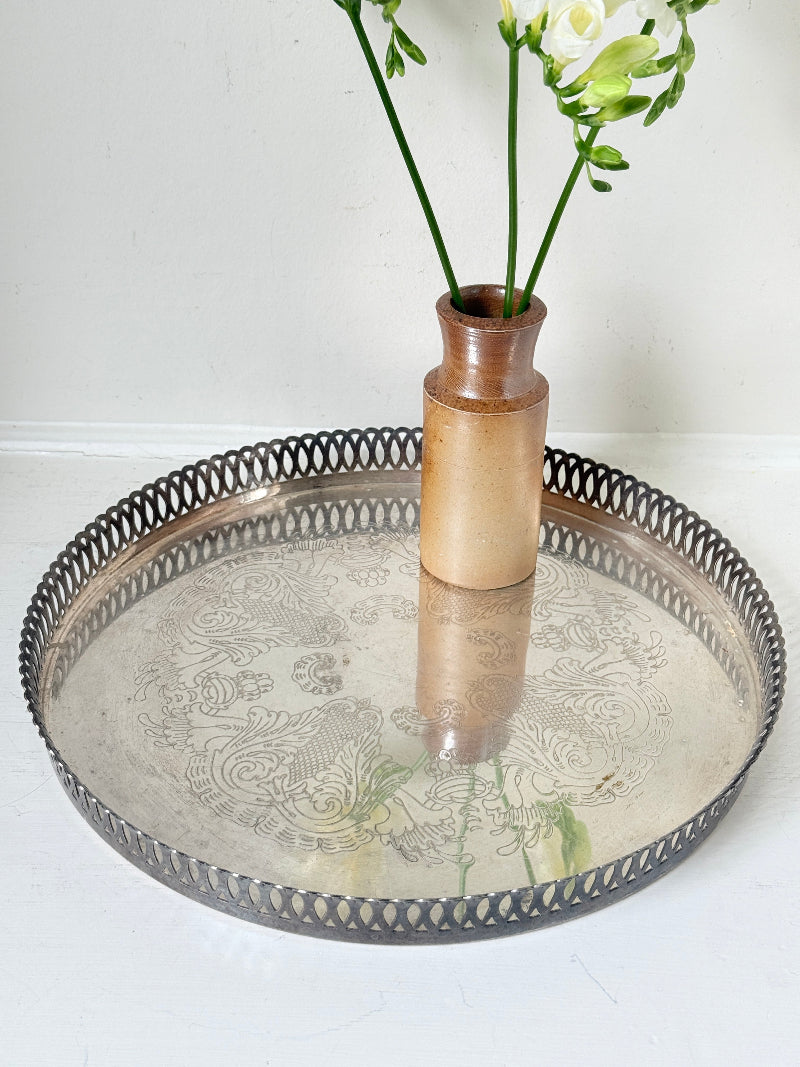 Vintage round silver plated gallery tray with pierced rim, engraved centre and aged patina for drinks or vanity styling