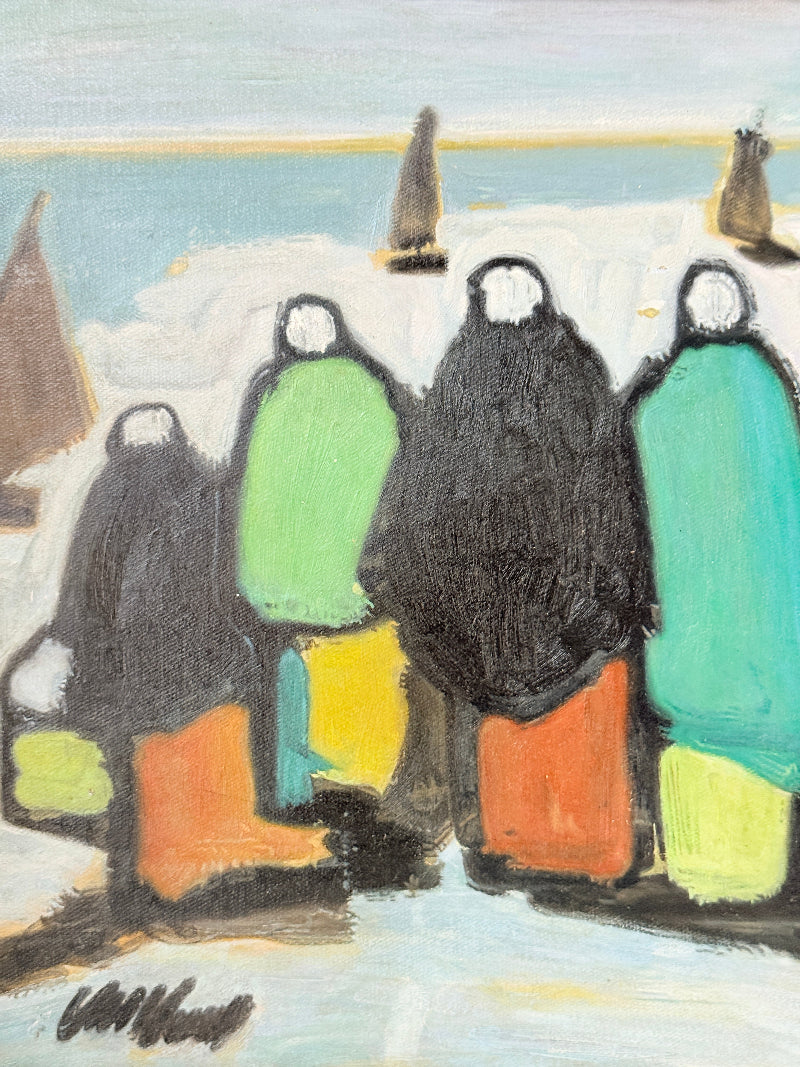 Markey Robinson style signed oil on board of shawled figures and boats in green and orange on a shore