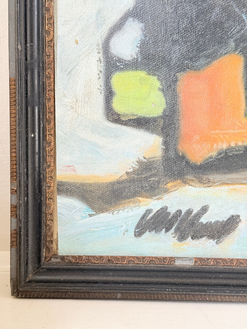 Markey Robinson style signed oil on board of shawled figures and boats in green and orange on a shore