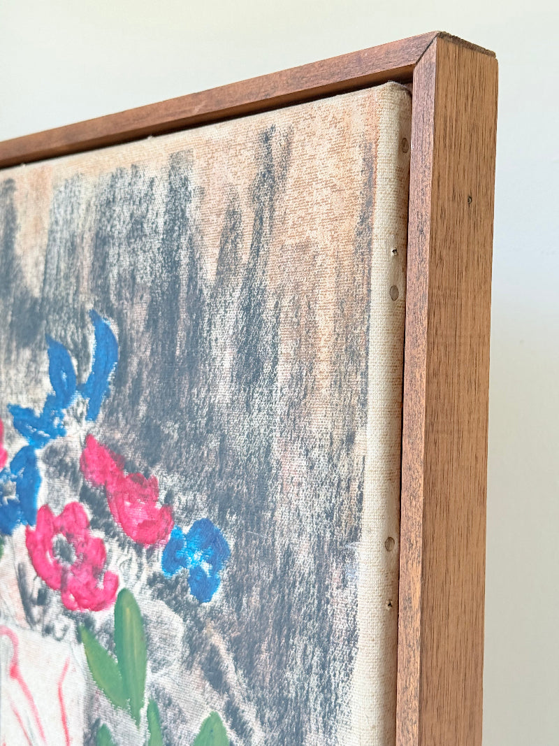 Still life of red and blue anemones in vase, mid-century charcoal and mixed media artwork signed Pemberton