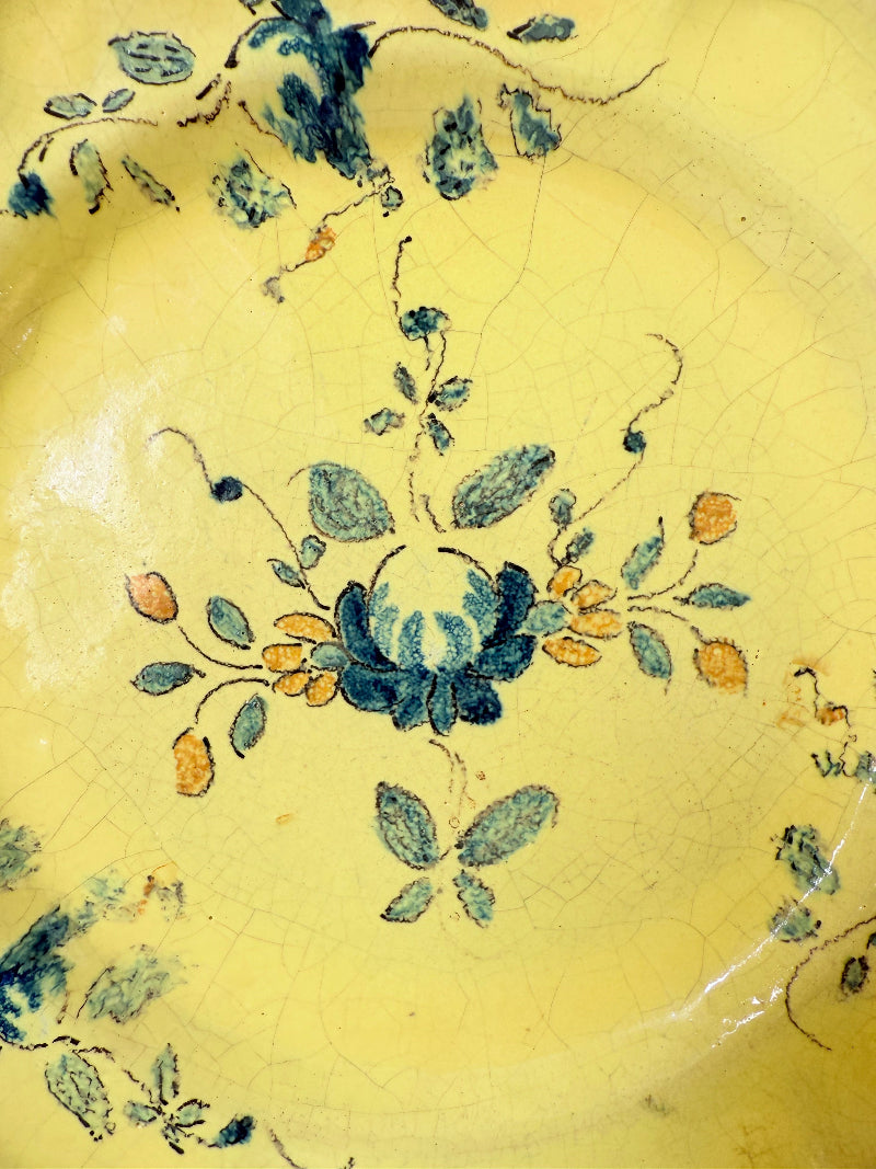 Pair of vintage yellow French faïence plates with hand painted blue floral design, photographed on a white surface