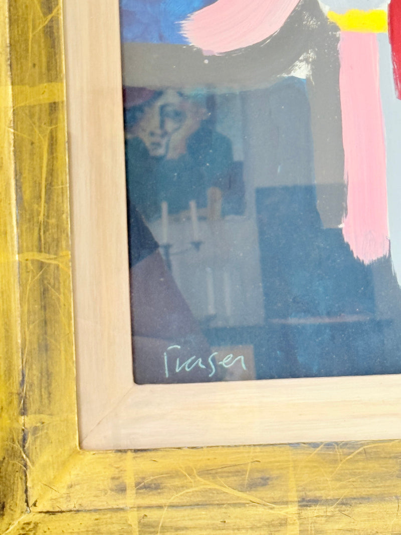 Colourful abstract acrylic painting after Donald Hamilton Fraser in gold frame, photographed on white background