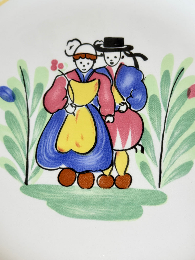 Vintage French ceramic serving plate by Faïencerie de Pornic with Quimper style Breton couple design and blue scalloped rim