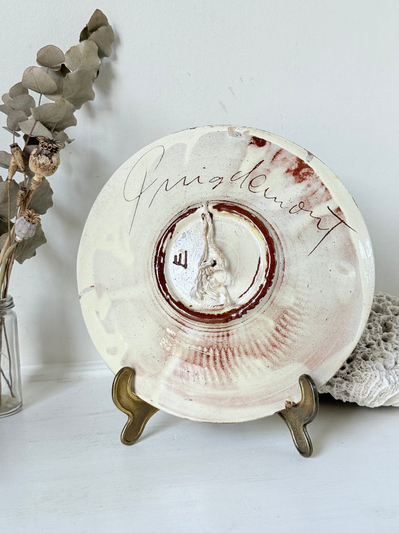 Vintage Puidgemont hand painted fishbowl with blue fish motif, photographed on a white surface