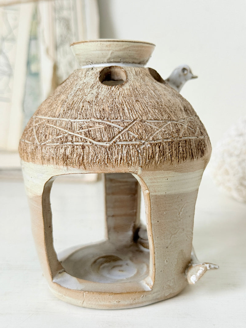 Studio pottery decorative bird house with handmade ceramic birds, textured roof and natural earthy glaze