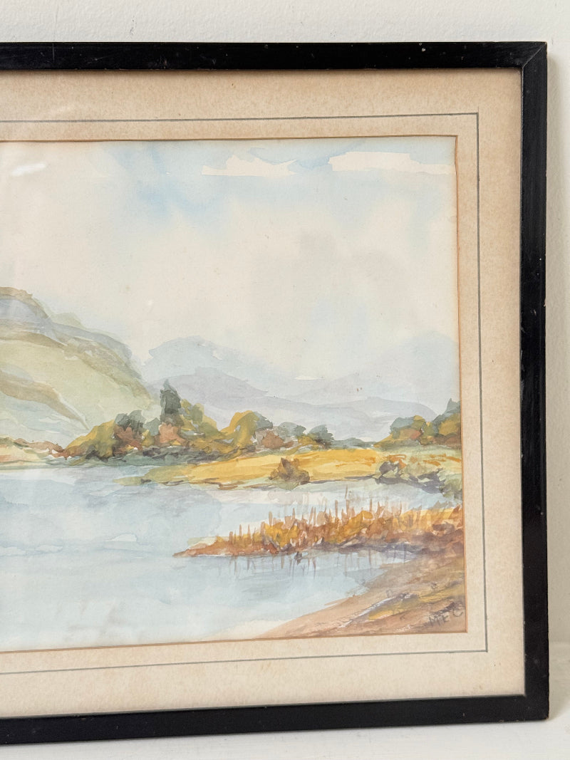 Vintage signed watercolour landscape of mountains and lake in black frame