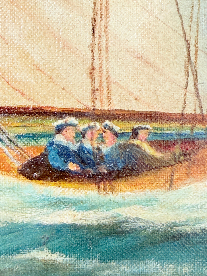 Impressionist-style painting of three sailors in a small boat on the water, rendered in soft brushstrokes of blue, beige, brown, and teal.