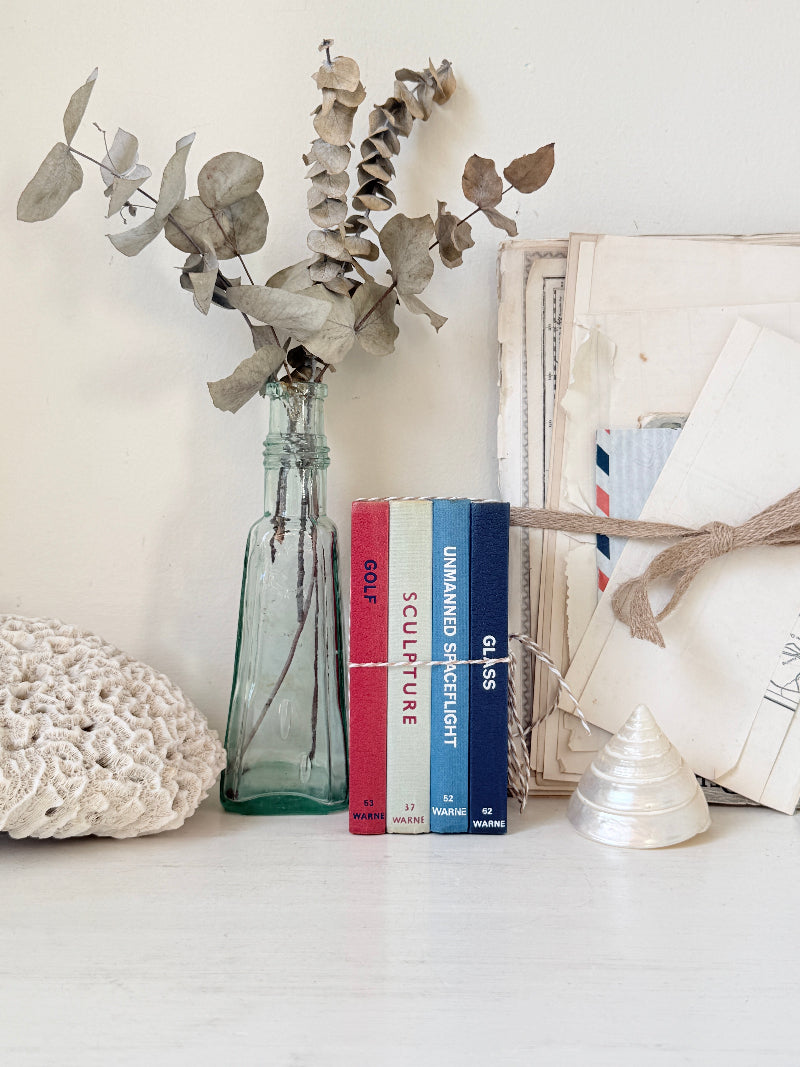 A styled tabletop scene with a clear glass bottle vase holding dried eucalyptus stems, three slim books standing upright with colorful spines, a stack of aged papers and envelopes tied with twine, a white textured shell or decorative object, and a small white conical shell on a light surface against a plain wall.