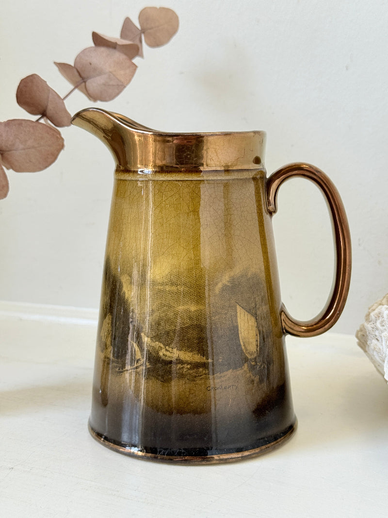 Vintage Ridgways Royal Vistas Ware ceramic jug in brown tones with scenic transfer print, photographed on a white surface