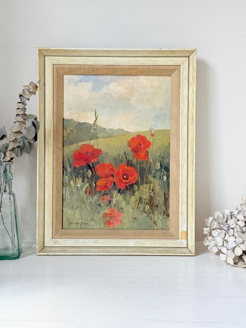 Original oil painting of a red poppy field at Maplescombe Valley in Kent, signed, in a limed wood frame