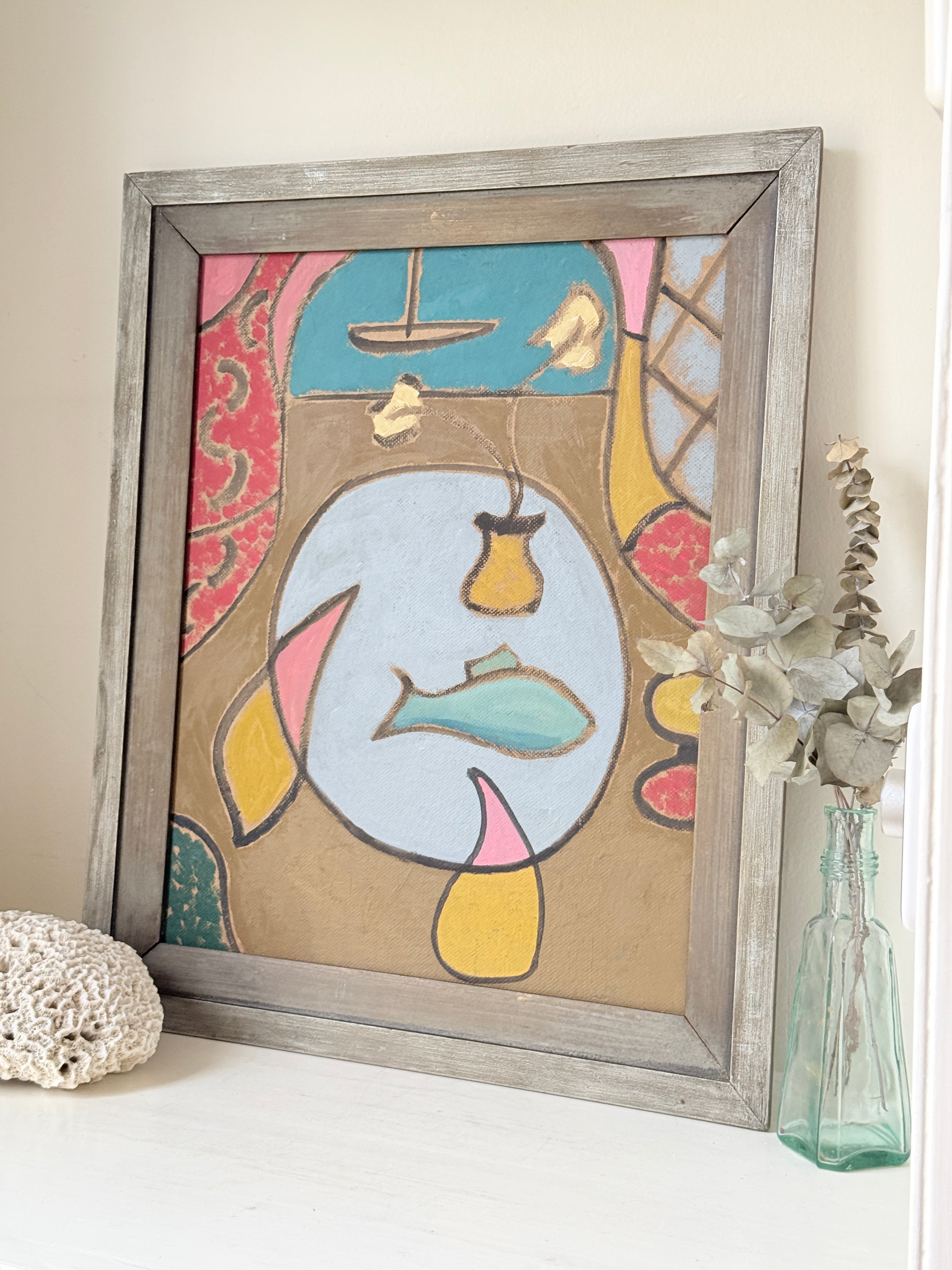 St Ives School style semi abstract still life of a fish and pear on a plate with a boat, in a wood frame