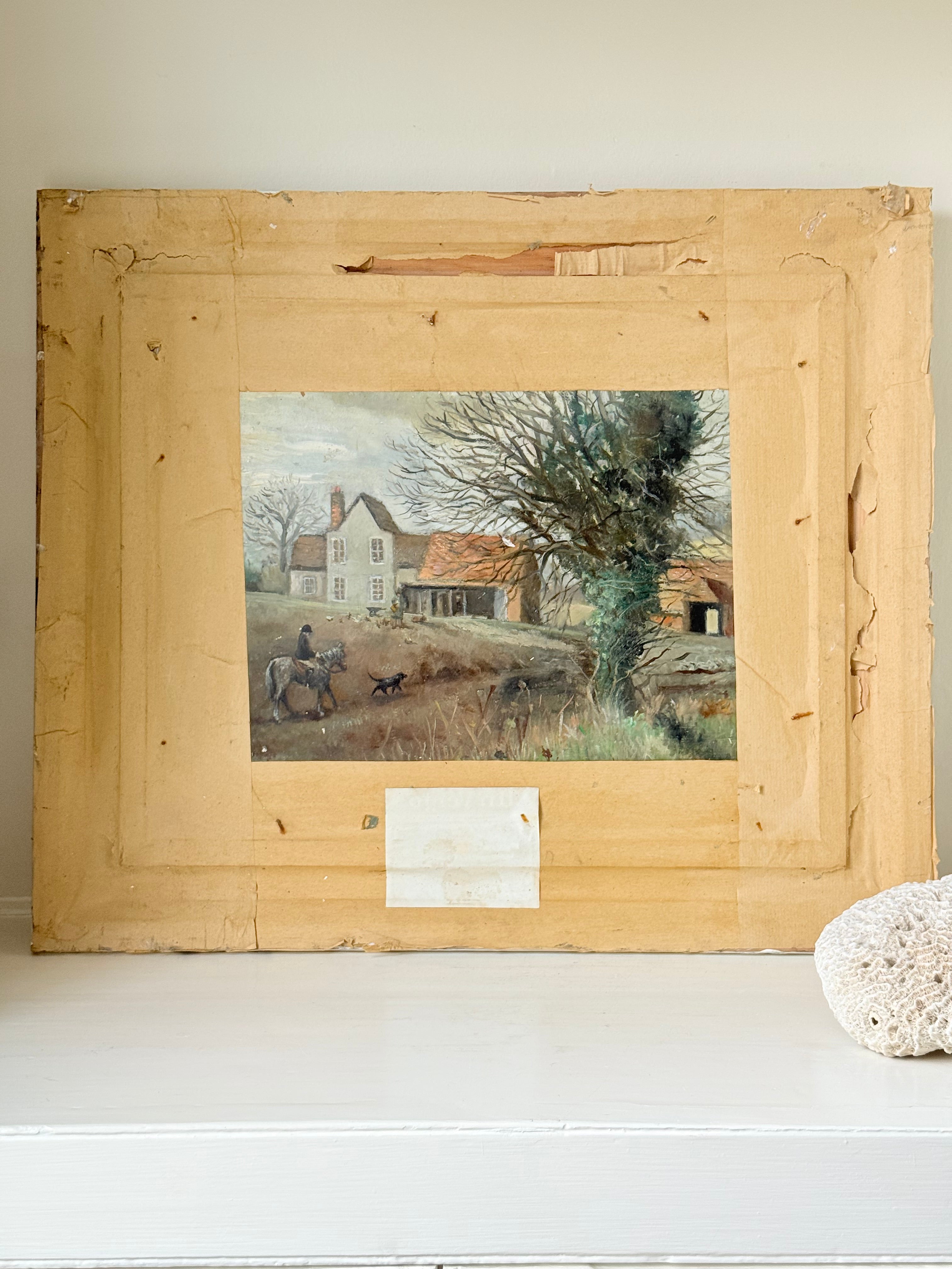Still life oil painting showing fruit bowl and striped jug on a blue background, framed in white wood, photographed on a white surface.