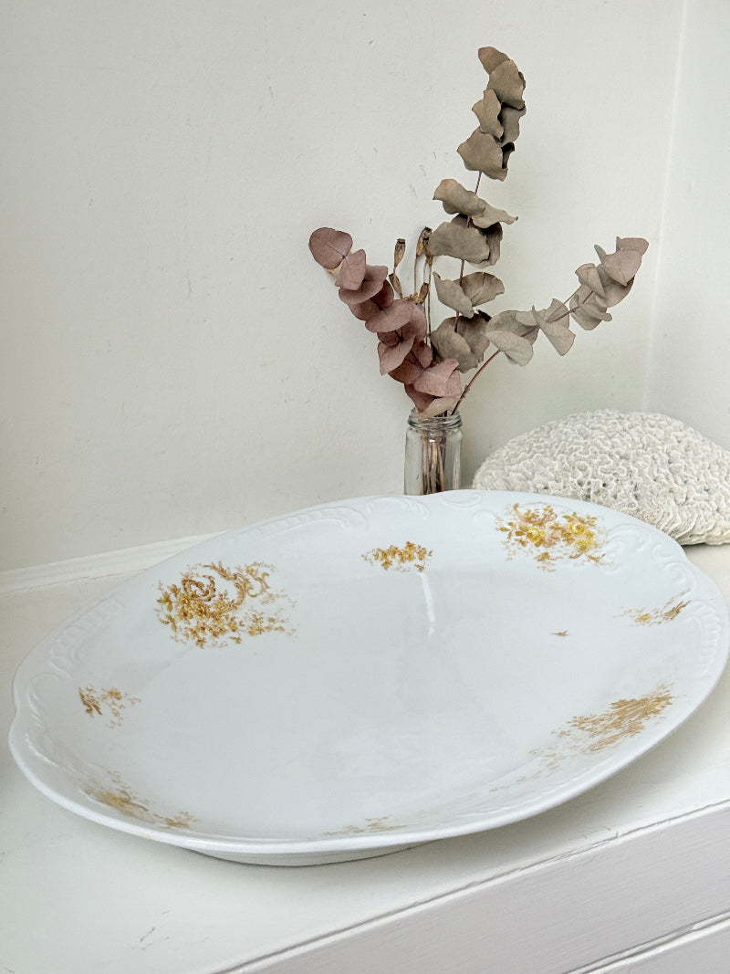 Antique Springer and Co Elbogen Senta porcelain platter in white with floral detail, photographed on a white surface