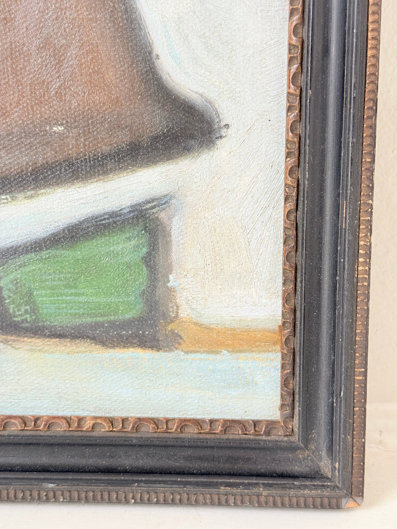 Markey Robinson style signed oil on board of shawled figures and boats in green and orange on a shore