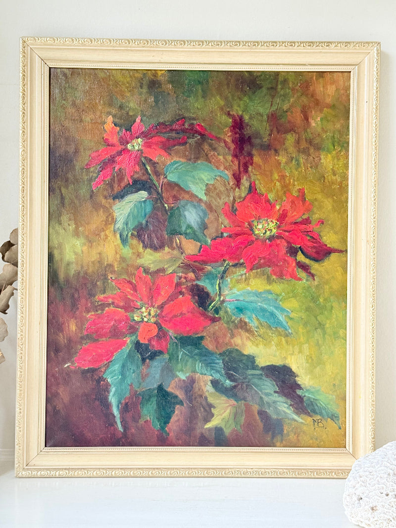 Poinsettias No 1 oil painting by Muriel Hester Broughton in red and green in a pale gilt frame