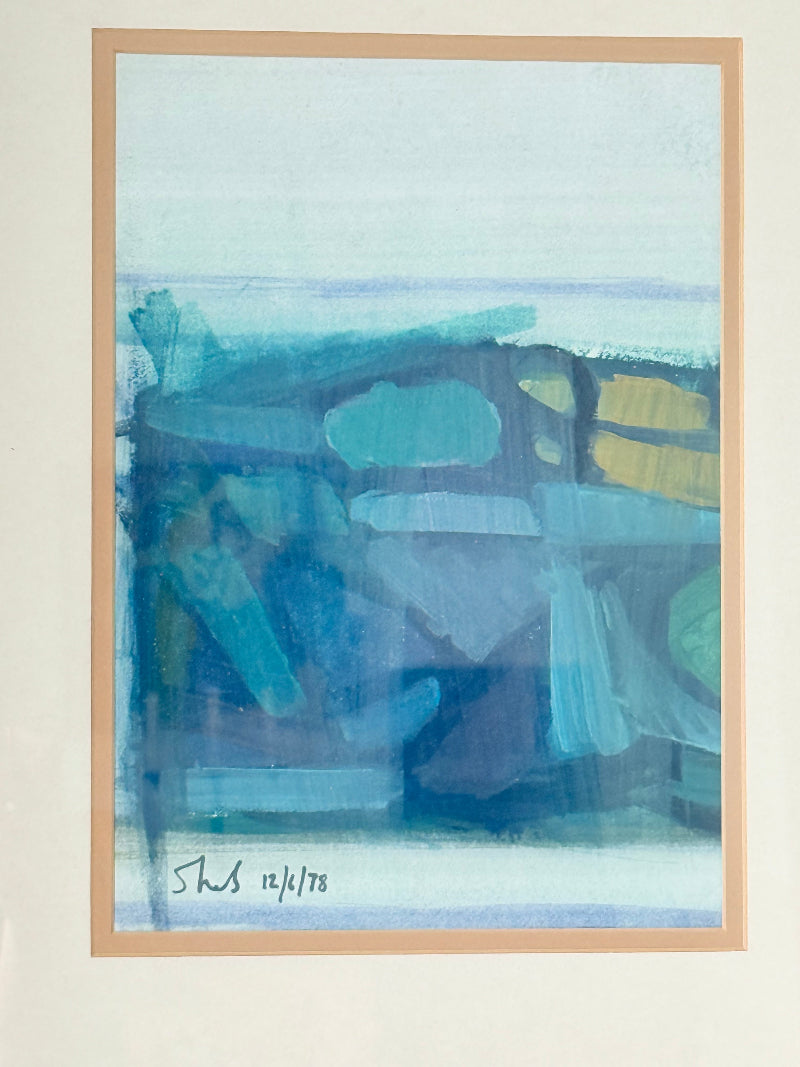 1970s framed abstract watercolour and gouache painting titled Rock Pools St Ives by Shields, photographed on white surface