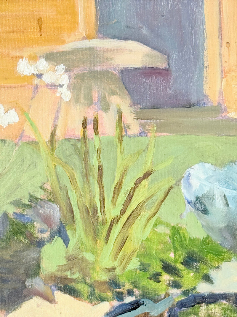 Vintage oil on board painting of waterlilies on a pond by Muriel Hester Broughton (1904–2003), monogrammed MB, framed in silver wood, photographed on a white surface