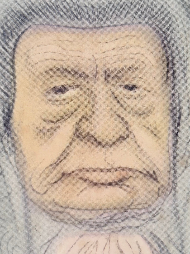 Vintage framed print of judge in ceremonial robes with humorous grumpy expression, photographed on a white surface