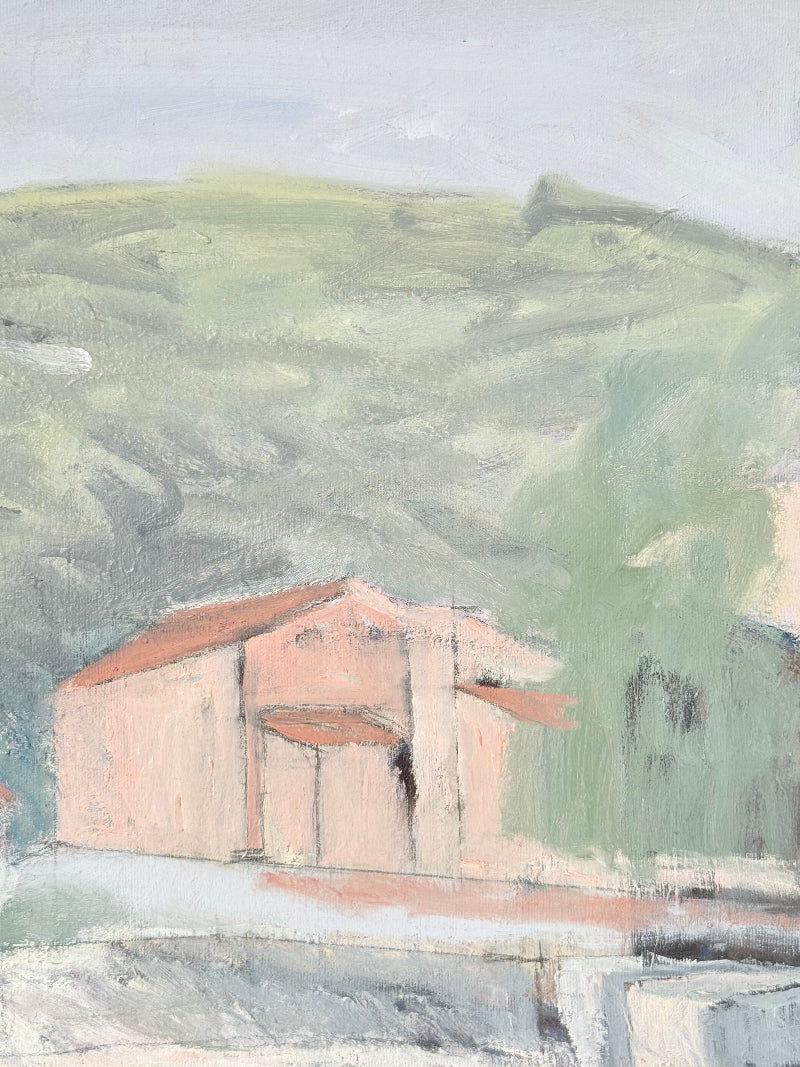 Unframed vintage oil painting of hillside cottages with terracotta roofs, green landscape, and textured brushwork, on white surface.