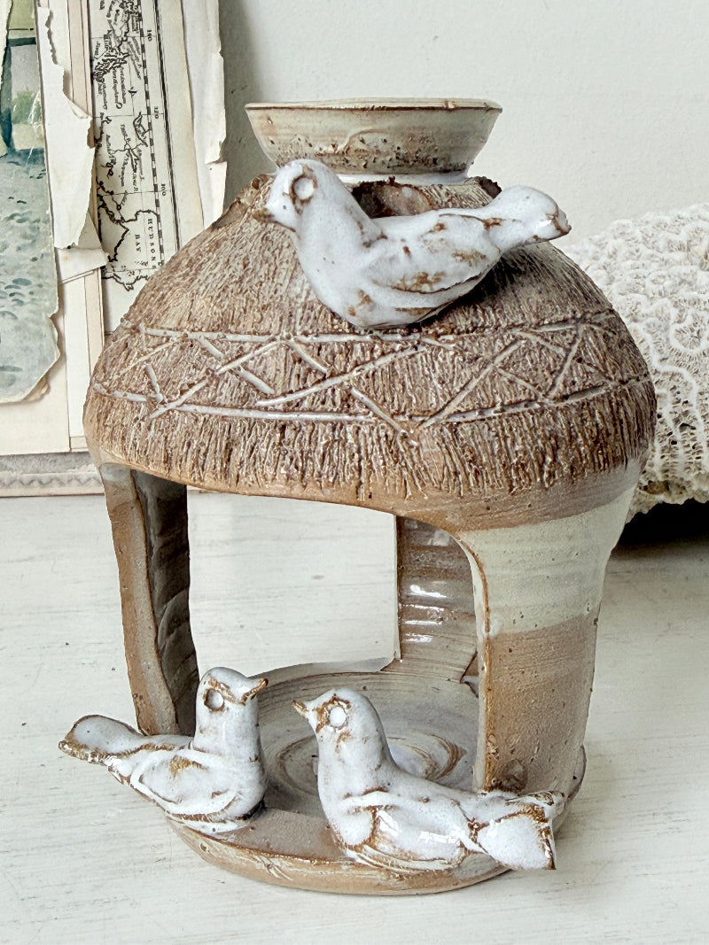Studio pottery decorative bird house with handmade ceramic birds, textured roof and natural earthy glaze