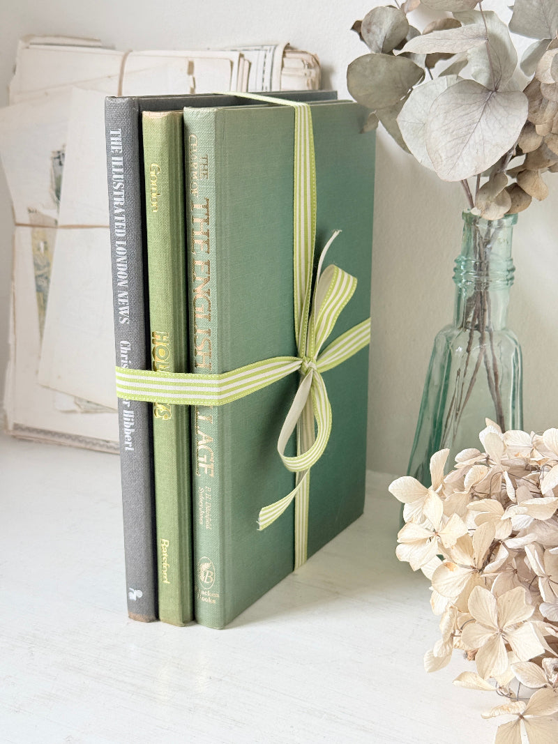 A set of three vintage hardcover books tied together with a striped yellow-green ribbon, displayed on a white surface next to a glass vase with dried flowers.