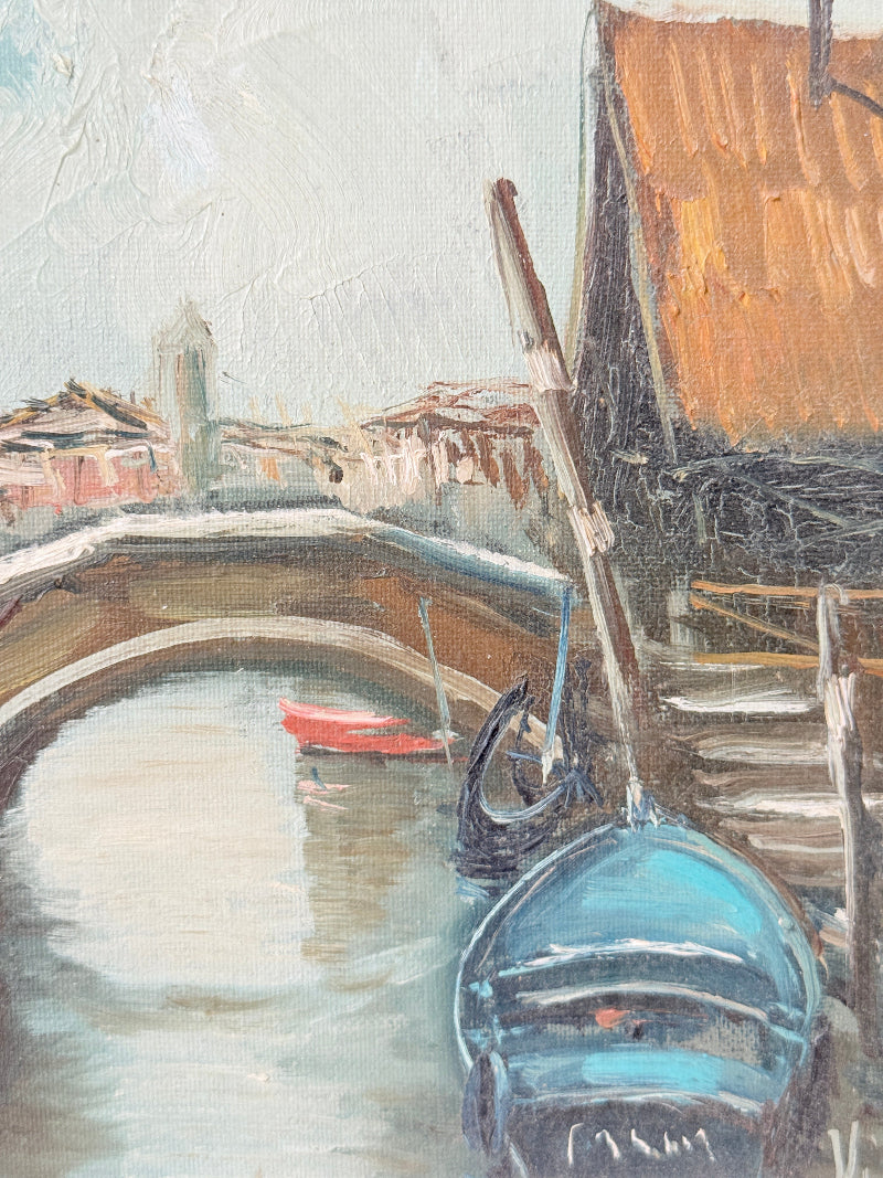 An impressionistic oil painting of a Venetian canal scene with a gondola in the foreground, a stone bridge and buildings in the background, and muted blue, brown, orange, and gray tones.