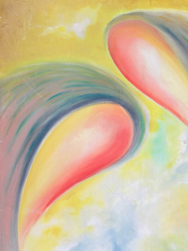 Abstract oil painting on canvas in yellow, pink and grey tones, photographed upright on a white surface.