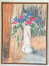 Still life of red and blue anemones in vase, mid-century charcoal and mixed media artwork signed Pemberton