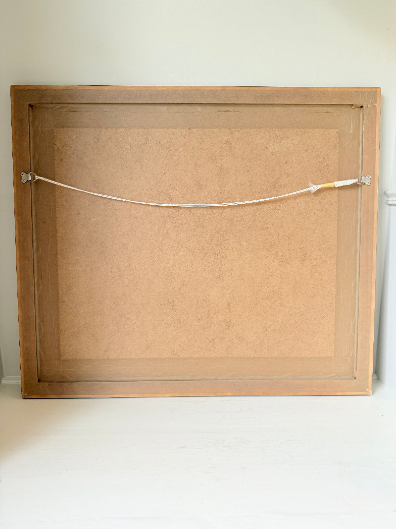 Limited edition screen print of Beirut by Antonio Segui in a wooden frame, signed and dated 1995, photographed on a white surface