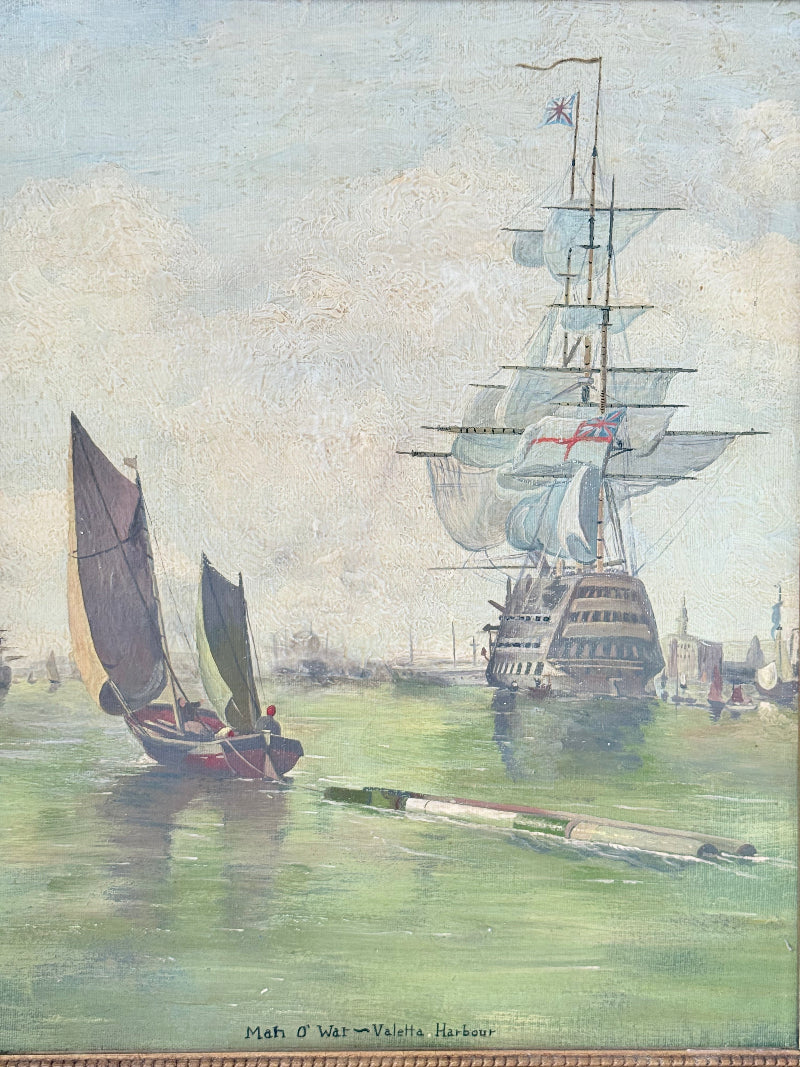Vintage oil painting of man o’ war sailing ship with fishing boats in gilt frame