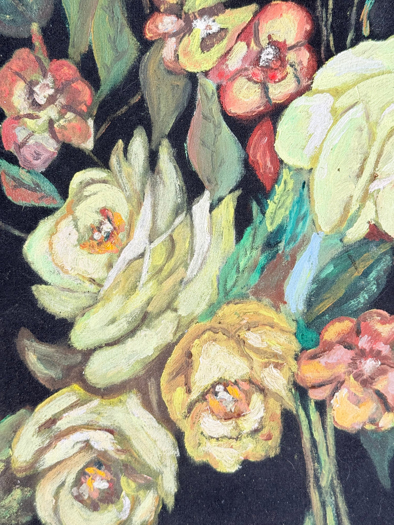 Vintage floral still life oil on canvas with yellow and peach blooms against dark background, unframed, on white surface.