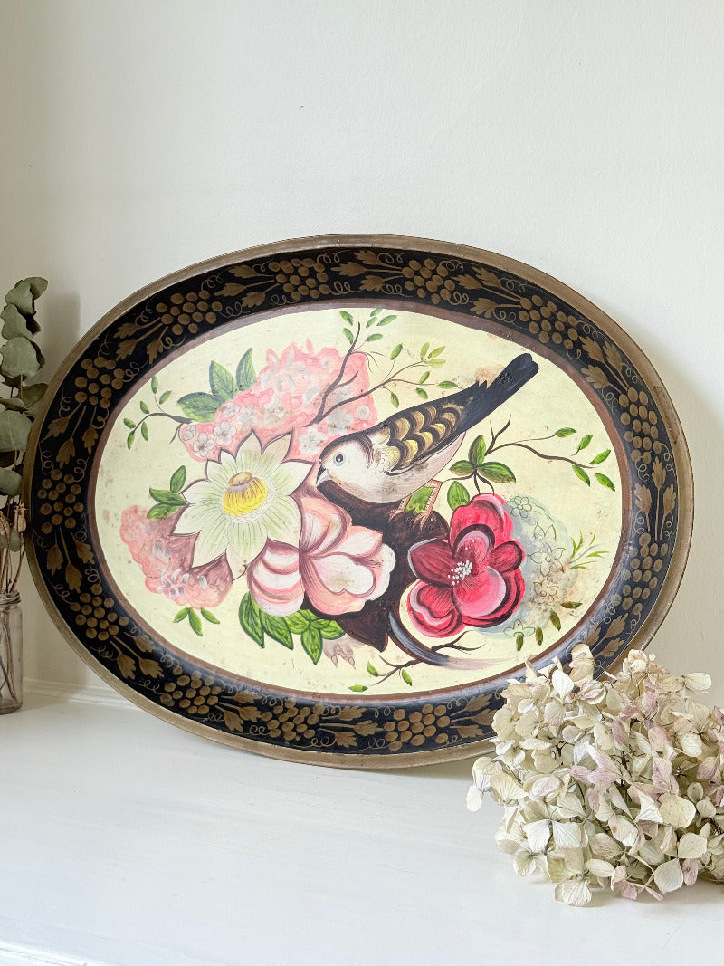 vintage hand painted metal tray with bold floral design in pink, red, white and gold border