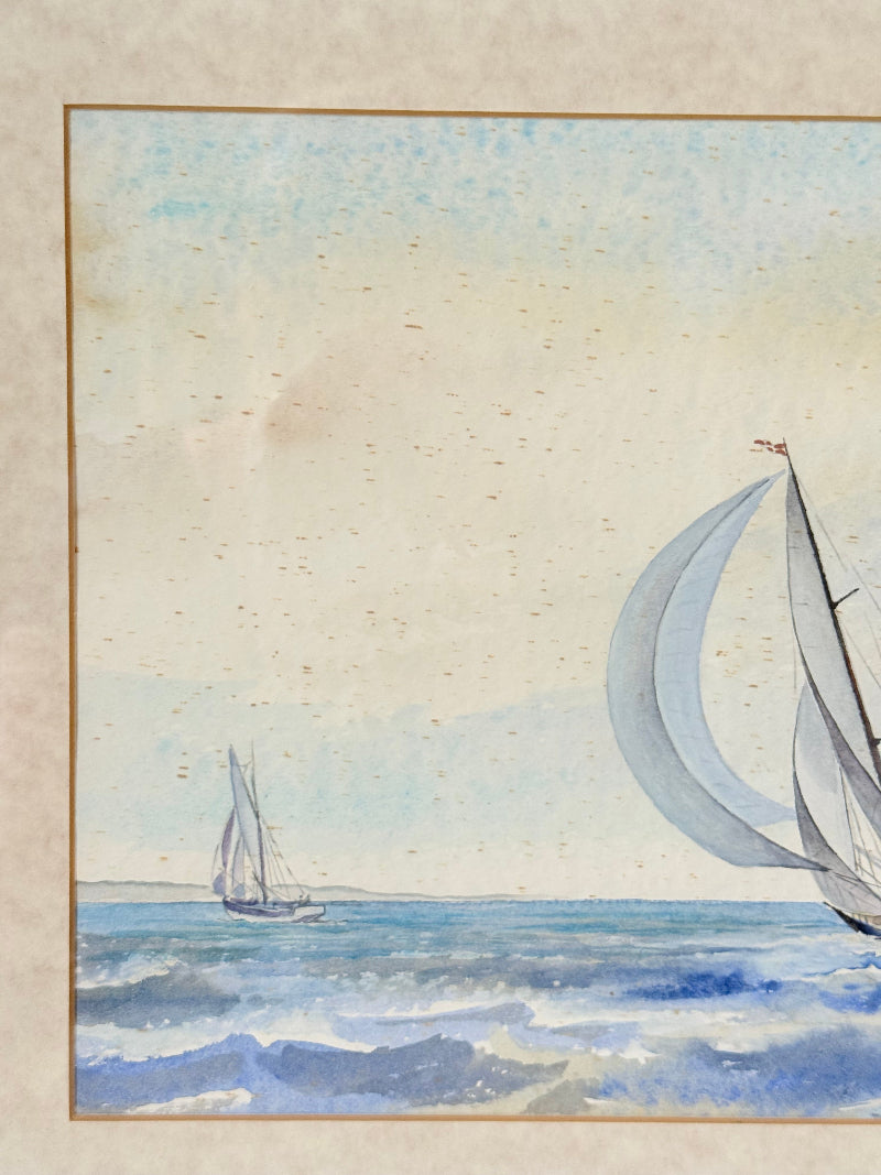 Vintage sailing watercolour signed Larsen in silver frame, seascape with sailboats