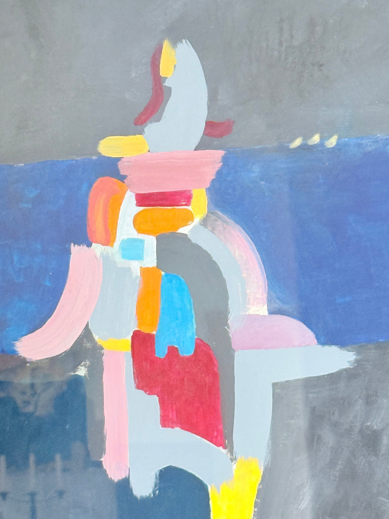 Colourful abstract acrylic painting after Donald Hamilton Fraser in gold frame, photographed on white background