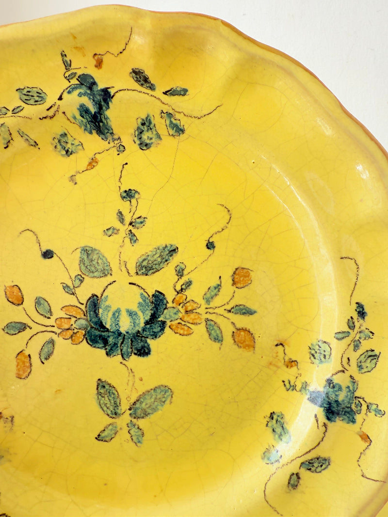 Pair of vintage yellow French faïence plates with hand painted blue floral design, photographed on a white surface
