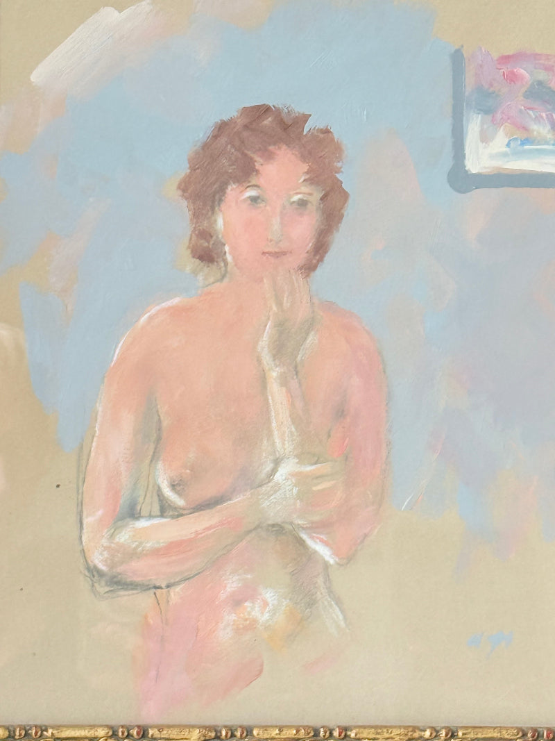Mid-century oil portrait of woman by Alfred Heywood in gilt frame, photographed on white background