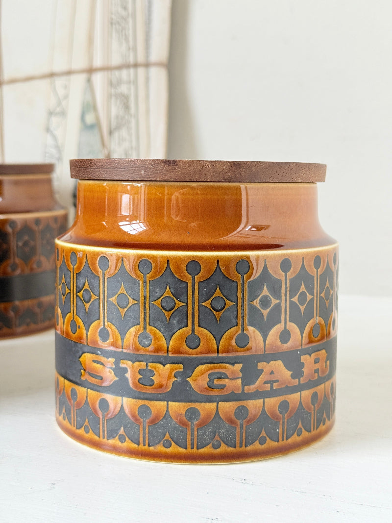 Hornsea Heirloom coffee tea and sugar canister set in autumn brown stoneware with teak lids photographed on a white surface