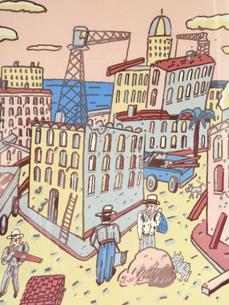 Limited edition screen print of Beirut by Antonio Segui in a wooden frame, signed and dated 1995, photographed on a white surface