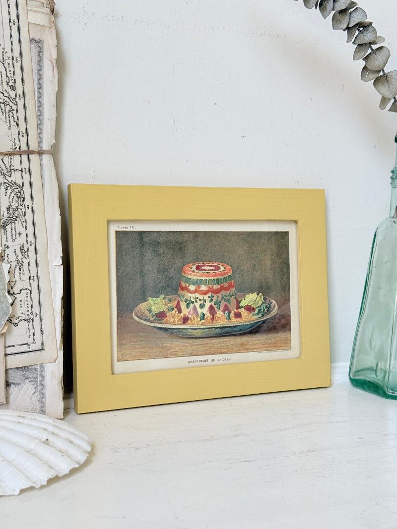 Framed antique Victorian cookery illustration from Cassell’s New Universal Cookery Book showing Chartreuse of Chicken