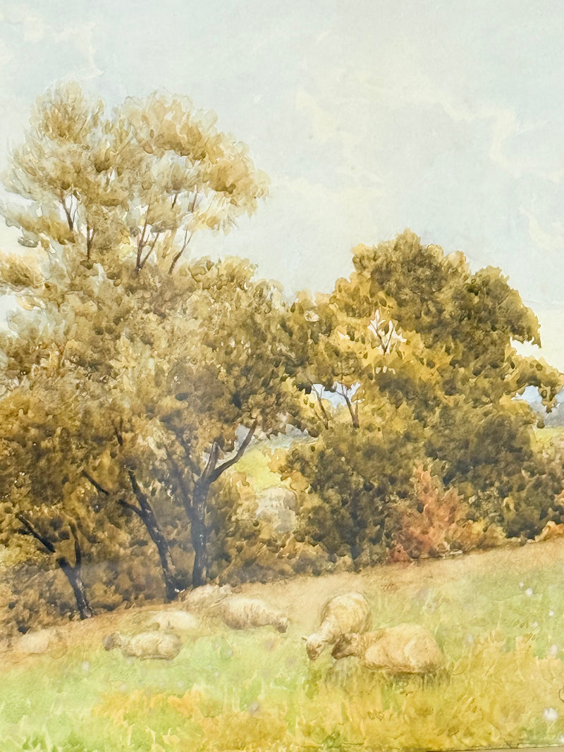 Antique watercolour landscape in gilt frame, countryside scene with trees, photographed on white surface.
