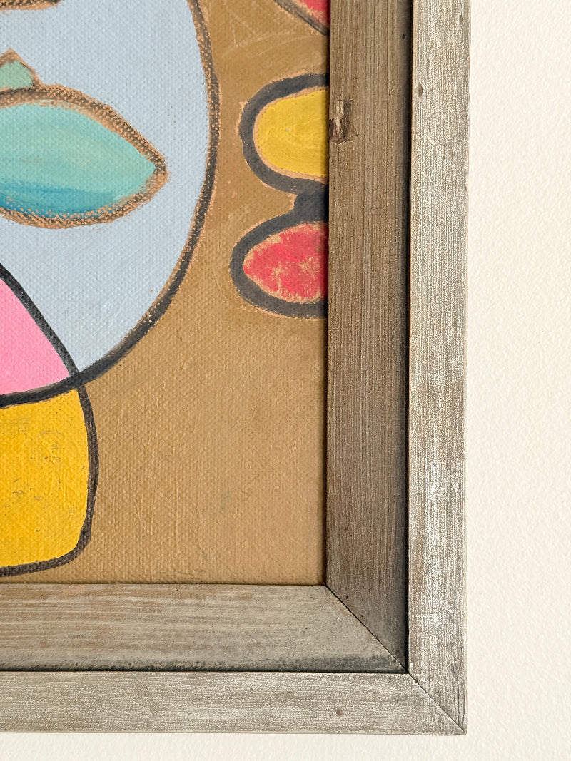 St Ives School mixed media painting on board of semi abstract objects on a table by a coastal window in a grey frame