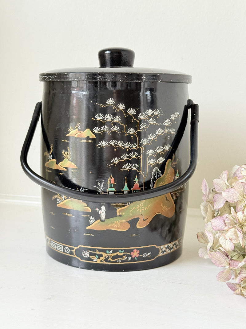mid century baret ware china gardens black and gold ice bucket with glass liner photographed on white surface