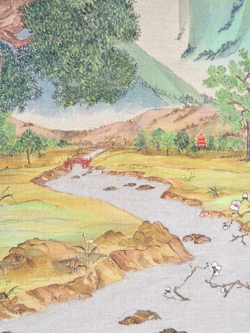 Vintage Chinese watercolour landscape on canvas with tree, mountains and blossom, photographed on white surface