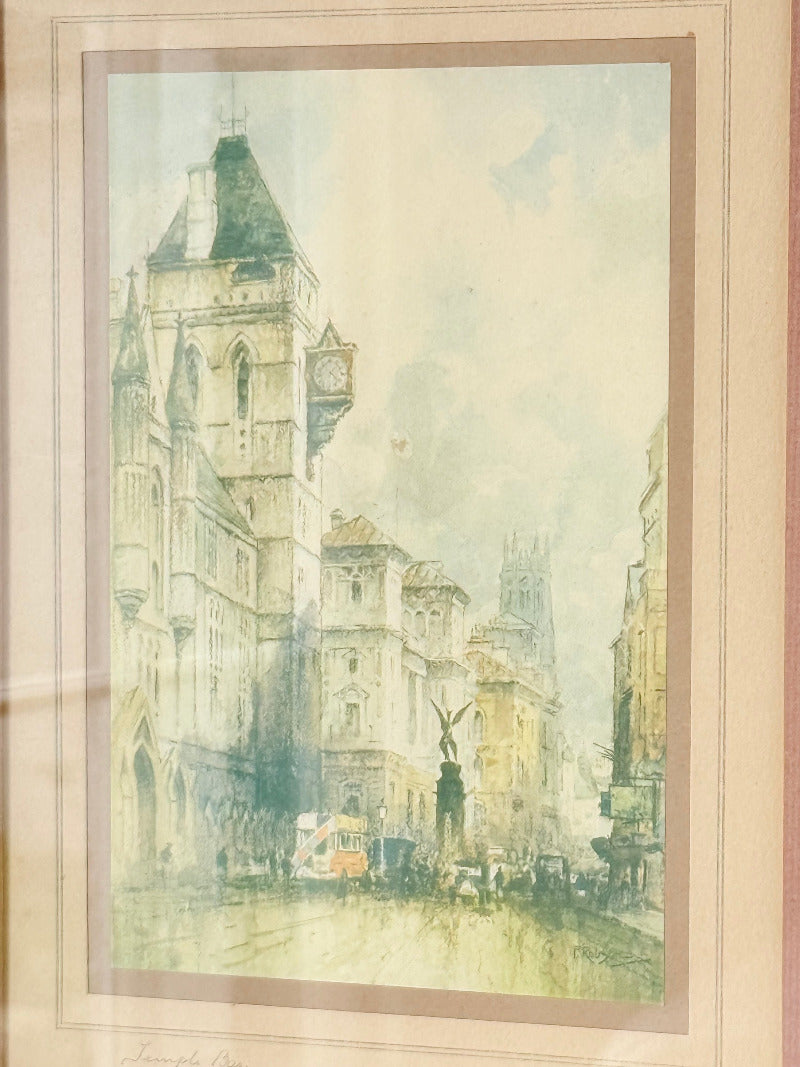 vintage framed print of temple bar watercolour by f robson in black frame with apricot and dusky pink mount on white surface