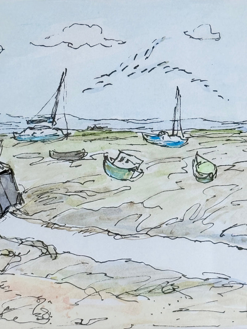 Vintage pen and watercolour coastal scene with horse and cart in rustic wood frame, signed, on white surface.