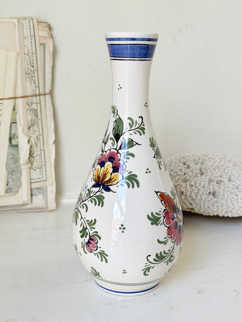 Dutch Delft polychrome vase by De Delftse Pauw hand painted with a peacock and flowers on white