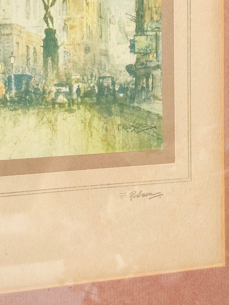vintage framed print of temple bar watercolour by f robson in black frame with apricot and dusky pink mount on white surface